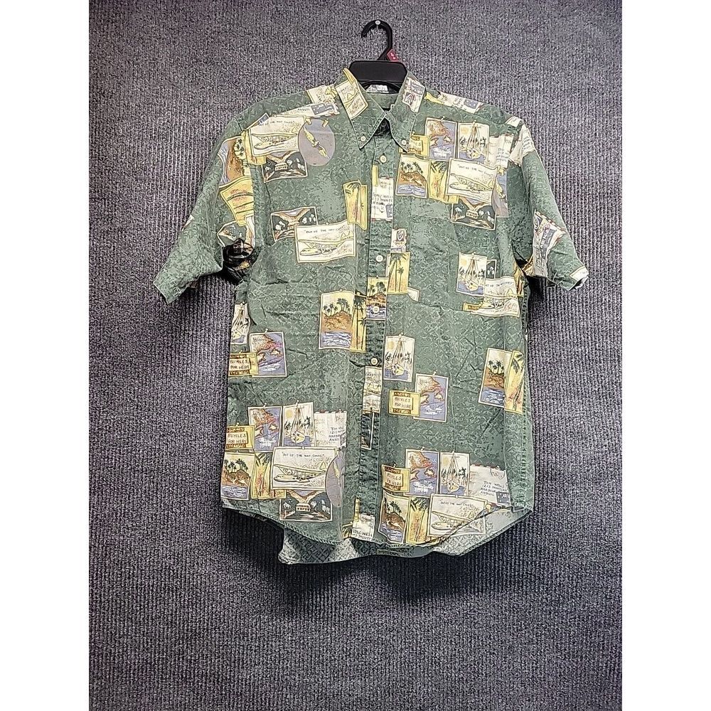Nautica Mens Green Tropical Postcard Print Short Sleeve Button Down‎ Shirt Large